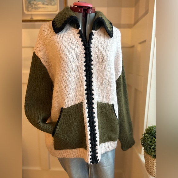 Zara Sweaters - Zara Women's Pink and Olive Sweater Coat Size Large